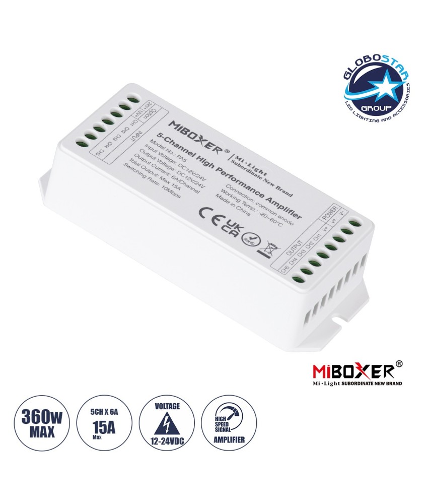 GLOBOSTAR® MiBOXER-PA5 71429 DC Ενισχυτής Ισχύος & Σήματος Υψηλής Ταχύτητας με 5 x 6A 144W Κανάλια DC 12-24V 15A 360W Max IP20 - Μ11.4 x Π4.9 x Υ2.8cm - 5 Χρόνια Εγγύηση